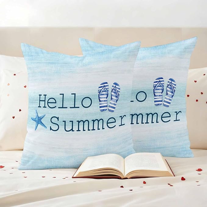 Outdoor Waterproof Pillow Covers 16x16Inch Hello Summer Starfish Flip Flops Throw Pillowcases for Patio Garden Couch Sofa Blue Gradient Decorative Cushin Case,Pack of 2