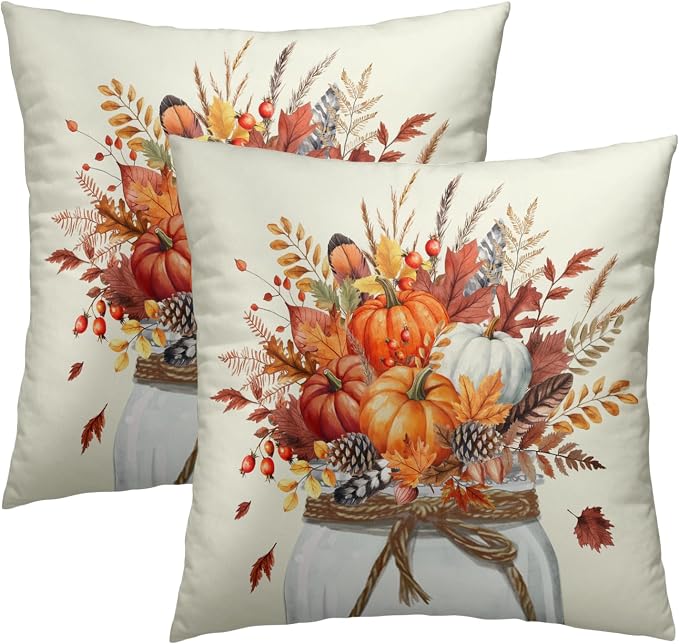 Farmhouse Autumn Throw Pillow Covers 20x20 Inch, Pack of 2 Pumpkins Flower Plants Jar Fall Seasonal Decorative Pillowcases Square Cotton Cushion Cover for Couch Sofa Home Decor
