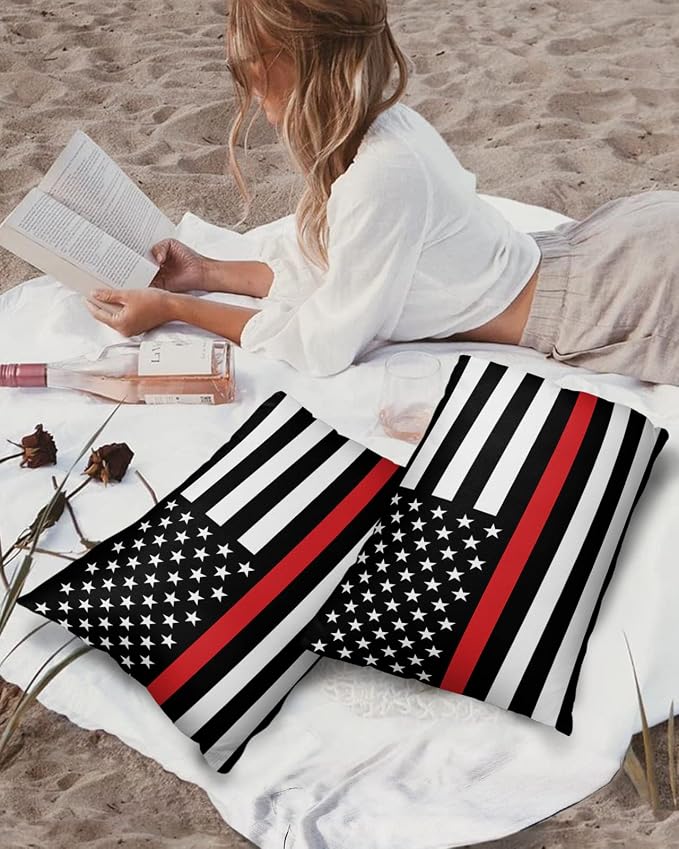 Outdoor Waterproof Pillow Covers Set of 2, Thin Red Line Flags American Firefighter Red Stripes Flag Patio Throw Pillow Covers, Decorative Cushion Case for Couch Sofa Furniture Garden, 20x12 Inch