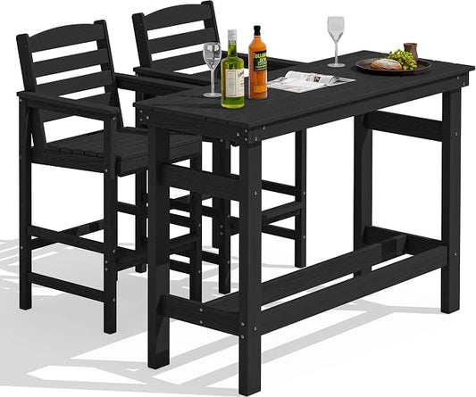 SERWALL Outdoor Bar Set - 2 Adirondack Bar Chairs & Bar Height Table with 1.6" Umbrella Hole, All-Weather HDPE Patio Furniture for Poolside, Backyard, Garden - Black