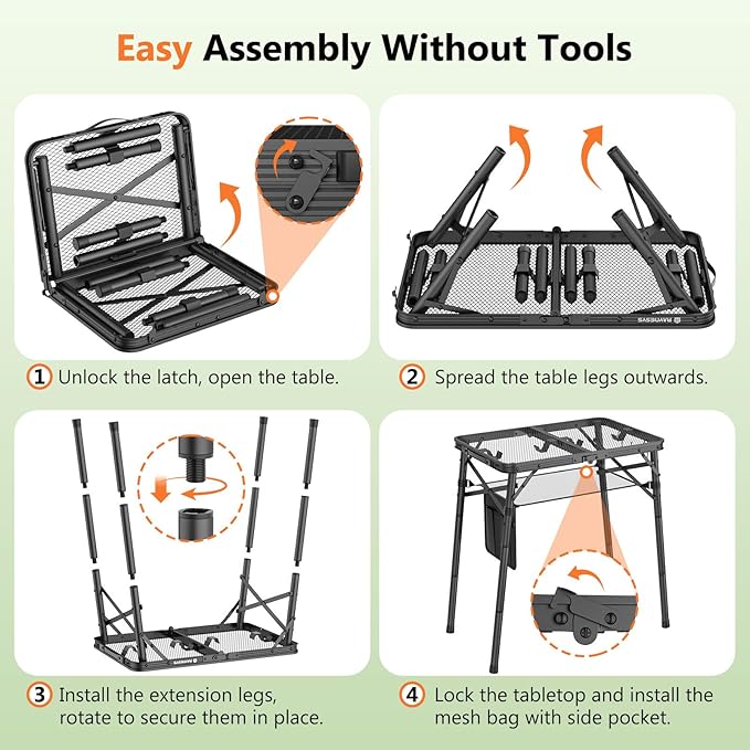Folding Grill Table for Outside, 3 Height Adjustable Small Camping Table with Mesh Bag, Metal Aluminum Folding Table, 23.62 x 15.75 inches, Portable Grill Stand for Picnic, Camping, BBQ, Beach, Black