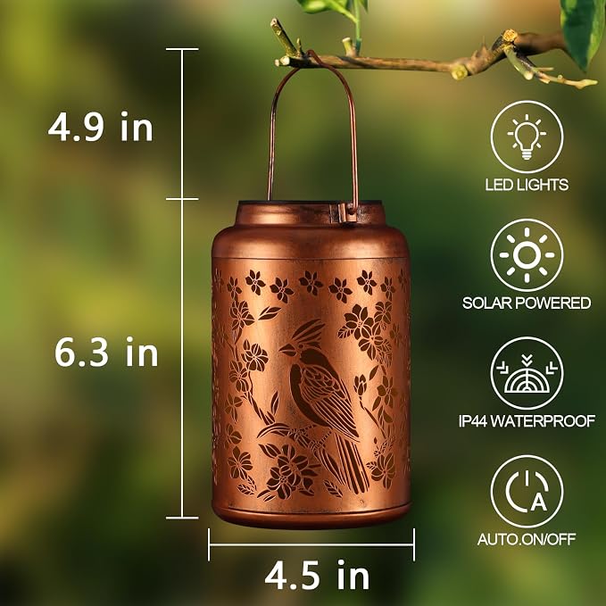 Bird Solar Lanterns Outdoor Waterproof Garden Decor Gifts for Women | Metal Hanging Solar Lights Birthday Gifts for Grandma Mom Solar Decoration Outside for Yard, Patio, Backyard, Porch