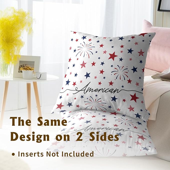 4th of July Pillow Covers 18x18 Inch Set of 2 Patriotic Red White Blue Summer Outdoor Throw Pillow Covers,Independence Memorial Day USA Flag Cushion Case for Sofa Couch Decor