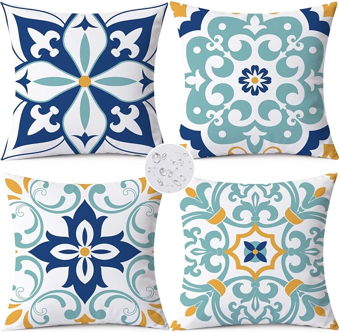 Outdoor Waterproof Throw Pillow Covers 20x20 Set of 4 Floral Boho Decorative Cushion Cases for Patio Furniture Garden Porch Bench Couch Sunbrella