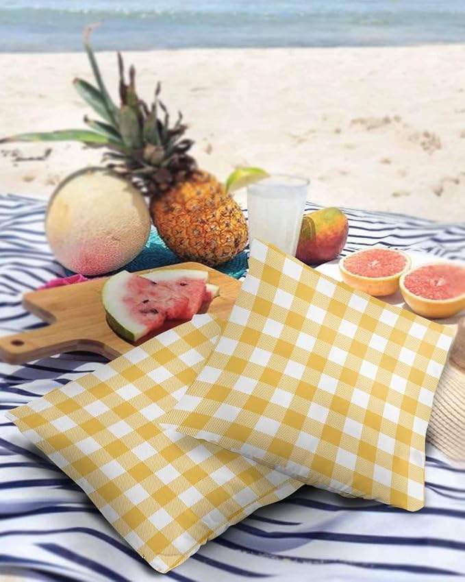 Outdoor Waterproof Throw Pillow Covers Set of 2 Yellow Buffalo Check Plaid Pillowcases 24x24 Inches Farmhouse Style Patio Decorative Pillows Cushion Case Patio Pillows for Couch Bed Chair Garden