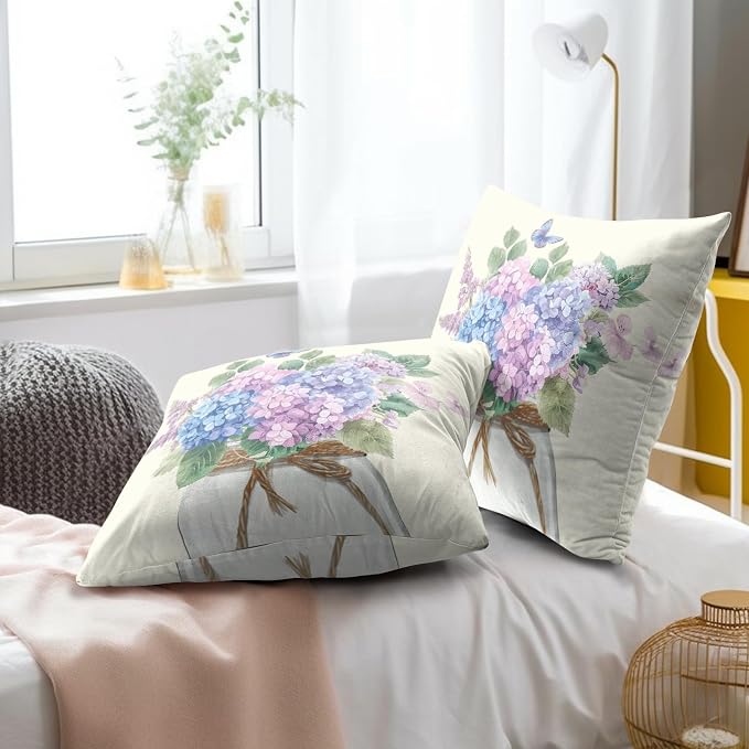 Hydrangea Flower Throw Pillow Cover Set of 2 16x16 Inch Vintage Blue Purple Floral Jar Watercolor Decorative Couch Pillow Cushion Case for Outdoor Patio Living Room Bedroom Decor