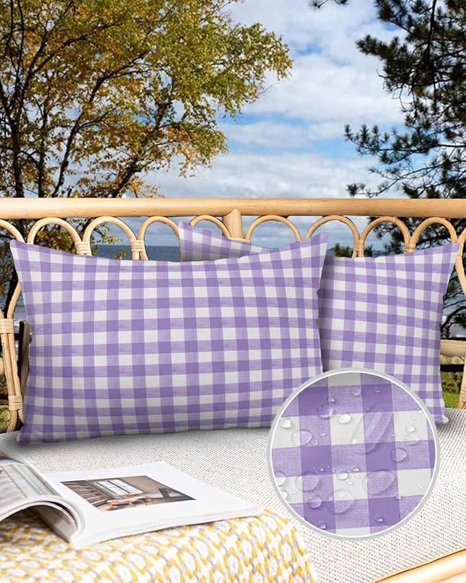 Outdoor Waterproof Throw Pillows Purple White Checkered Plaid Patio Pillows,Decorative Pillow Covers with Insert,Pillow Cushion Case for Garden Couch Sofa Gradient Buffalo Check