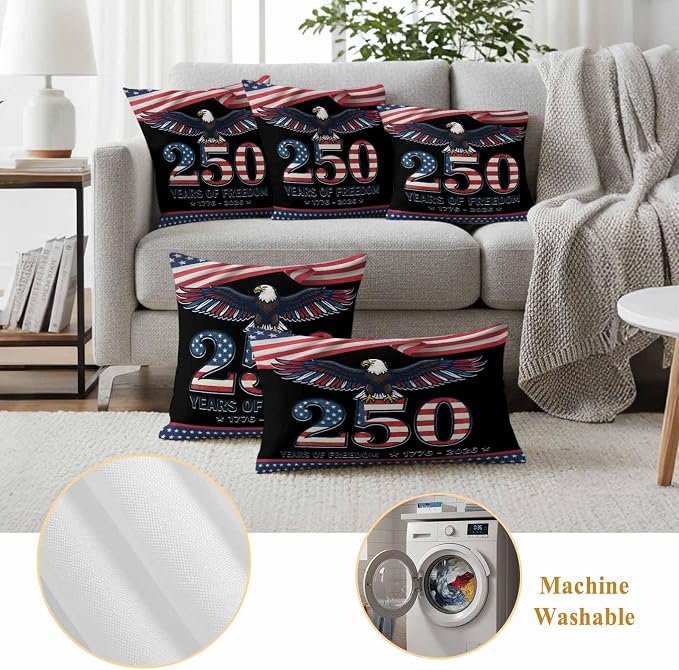 250 Years USA Flag Outdoor Waterproof Throw Pillow Covers 18x18 Set of 2, Independence Day Eagle Anniversary Decorative Pillowcases Cushion Pillowcase for Couch Sofa Patio Outside Pillow Protector