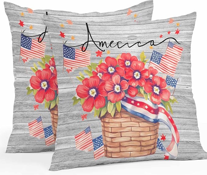 4th of July Floral Waterproof Outdoor Pillow Covers Set of 2 Home Decor, Patriotic Star Stripe Flag Grey Wood Pillowcase Patio Pillow Covers for Couch Bench Furniture Garden 16x16in
