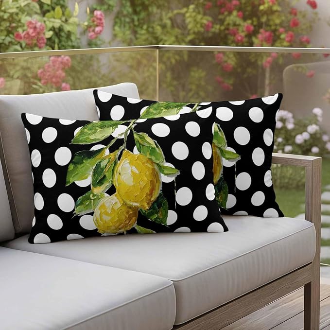Waterproof Pillow Covers Set of 2,Farmhouse Yellow Lemon Green Leaf Outdoor Pillow Protectors with Zipper Pillowcases for Patio Tent Garden Beach 20x12 Inches Black White Polka Dot