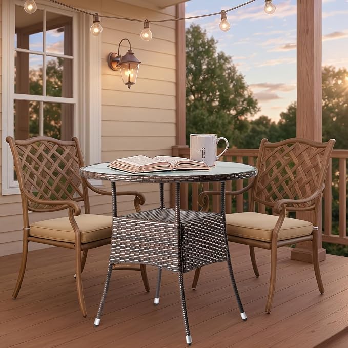 VINGLI 32" Outdoor Dining Table, Wicker Round Patio Table Tempered Glass Patio Dining Table Outdoor Table for Balcony Garden Deck and Porch, Brown