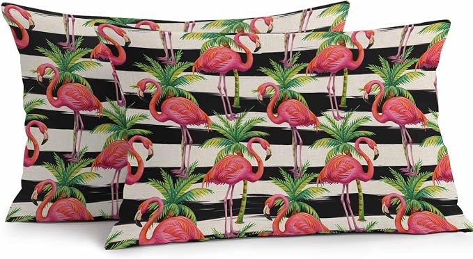 Vandarllin Outdoor Throw Pillows Covers 20x12 inch Set of 2 Waterproof Flamingo Decorative Zippered Cushion Covers for Patio Furniture, Tropical Palm Leaves Black Stripe Linen Lumbar Pillowcases