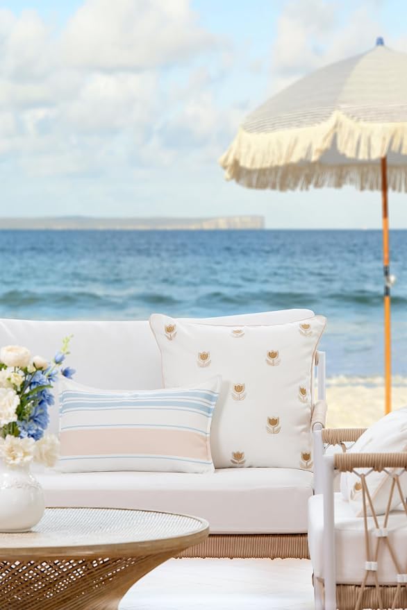 Hofdeco Premium Coastal Patio Indoor Outdoor Throw Pillow Cover Only, 20”x20” Water Repellent for Backyard, Couch, Tan Embroidered Tulips Floral with Piping
