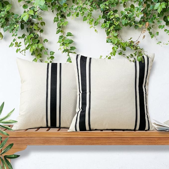 OTOSTAR Pack of 2 Outdoor Waterproof Decorative Pillow Covers 16x16 Inch Linen Geometry Pillowcases Cushion Case Garden Throw Pillow Covers Pillows Shell for Patio Furniture Couch Tent Balcony (Black)
