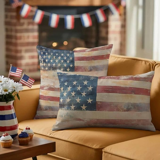 Independence Day Outdoor Pillow Covers 20"x20" Set of 2, Retro Country USA Flag Memorial Day Waterproof Throw Pillow Covers for Patio Furniture, Decorative Cushion Covers for Porch