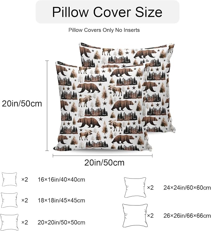 Brown Bear Elk Cabin Outdoor Pillow Covers 16x16 Inch Throw Pillow Covers Set of 2 Waterproof Decorative Pillow Cases Farmhousee Pine Tree Forest Cushion Covers for Patio Furniture Garden Couch Sofa