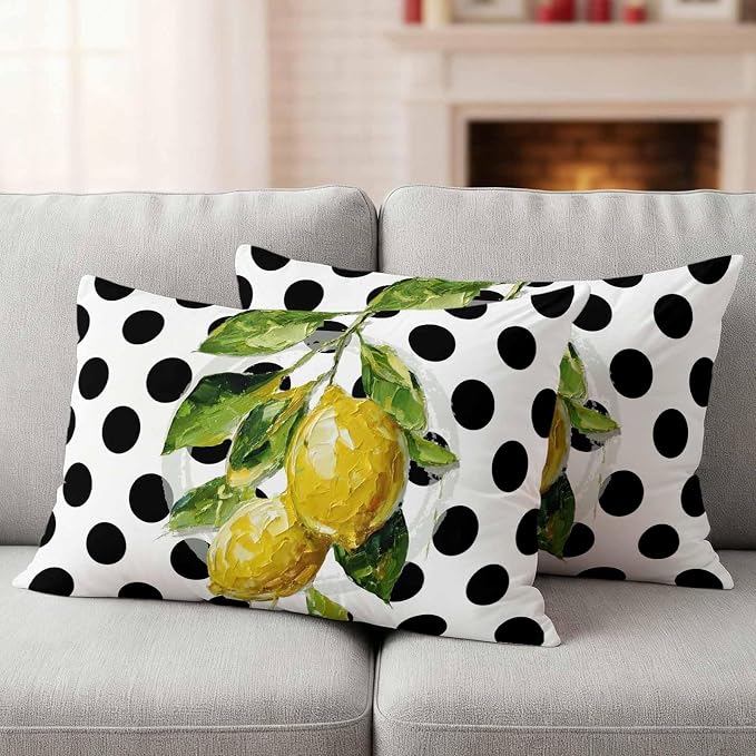 Waterproof Pillow Covers Set of 2,Summer Lemon Polka Dot Outdoor Pillow Protectors with Zipper Pillowcases for Patio Tent Garden Beach 20x12 Inches Country Fruit Oil Painting Style