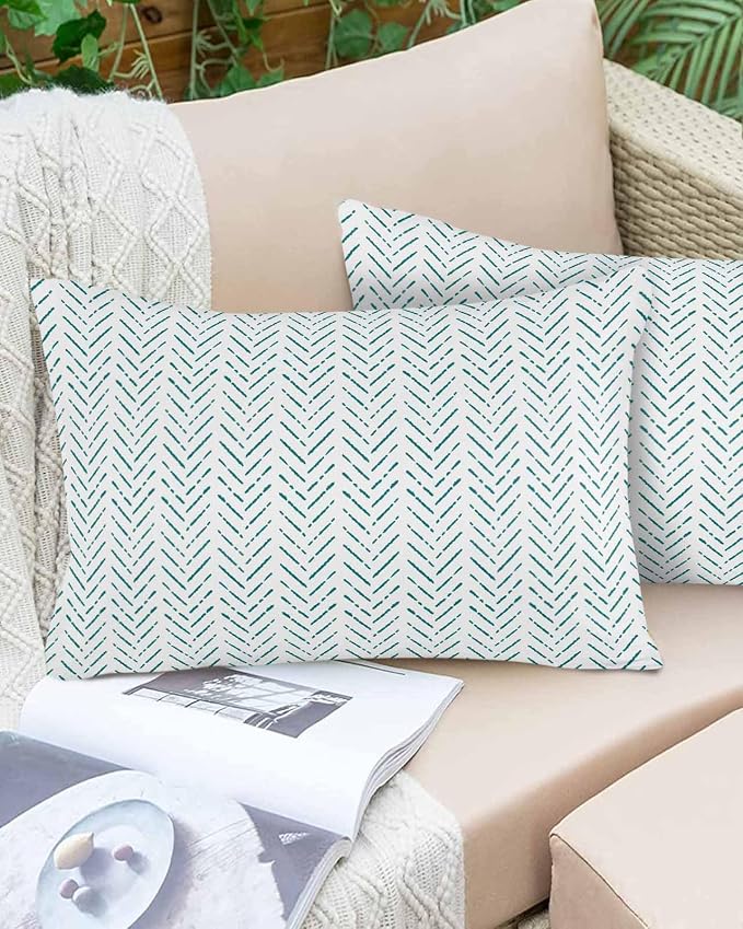 Turquoise Striped Outdoor Pillow Covers Waterproof,All Weather Cushion Case Set of 2 Lumbar Pillowcase for Sofa Couch Bed Decor Patio Furniture 20"x12" White Geometric Minimalist Boho Striped