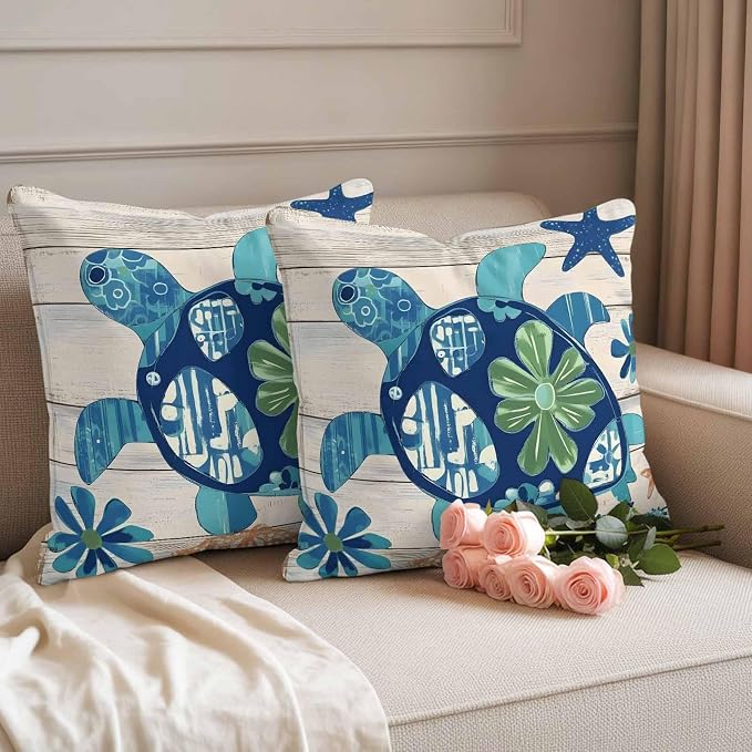 Ocean Turtle Outdoor Waterproof Throw Pillow Covers Set of 2, 26"x26", Sea Animals Rustic Wooden Board Decorative Pillow Covers Outside Cushion Case for Patio Porch Garden