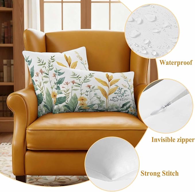 Outdoor Pillow Covers 20x20 Set of 2, Yellow Green Botanical Waterproof Patio Throw Pillow Covers for Couch Sofa Chair, Rustic Watercolor Leaves Decorative Pillowcases for Throw Pillows