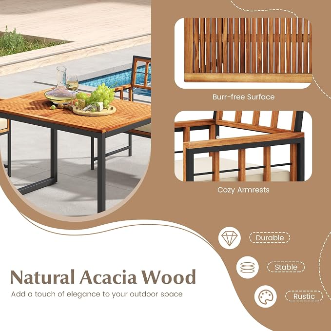 HAPPYGRILL 4 Pieces Wood Patio Dining Set with 1 Table, 1 Loveseat and 2 Armchairs, Outdoor Table and Chairs with 1.96" Umbrella Hole and Comfortable Cushions for Backyard, Deck and Poolside