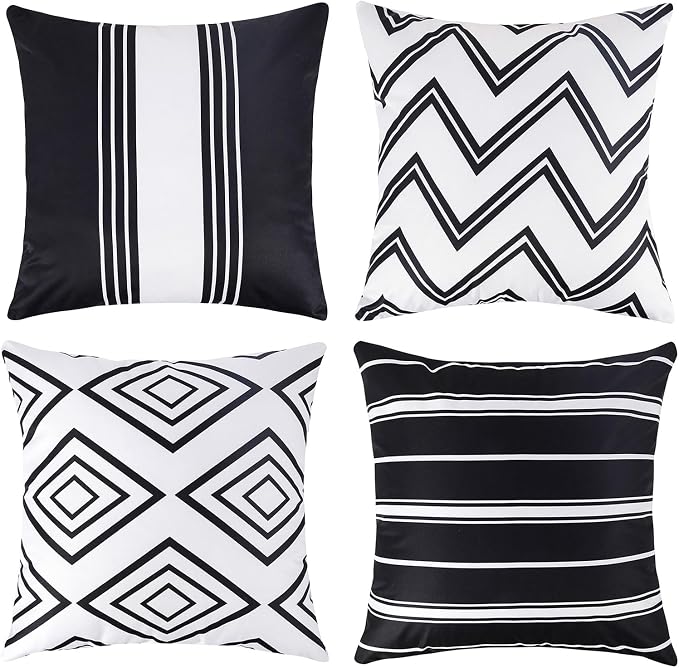 Adabana Set of 4 Outdoor Waterproof Pillow Covers 18x18 Black and White | Modern Geometric Throw Pillows Cover Decorative Boho Pillow Covers for Patio, Garden, Porch