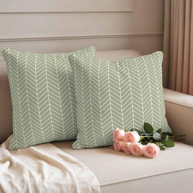 Outdoor Waterproof Throw Pillow Covers Set of 2 Sage Green Chevron Stripes Pillowcases 24x24 Inches Modern Geometric Texture Decorative Pillows Cushion Case Patio Pillows for Couch Bed Chair Garden