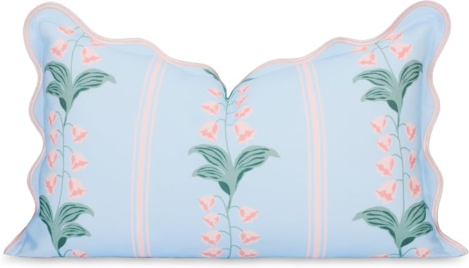 Hofdeco Premium Grandmillennial Patio Indoor Outdoor Lumbar Pillow Cover Only, 12"x20" Water Repellent for Backyard, Couch, Poolside, Baby Blue Pink Print Watercolor Striped Lily of the Valley
