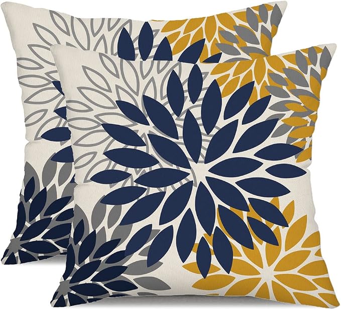 DFXSZ Outdoor Waterproof Pillow Covers 18x18 Set of 2 Blue Yellow Flower | Spring Summer Waterproof Flower Throw Pillowcases（No Inserts）Outdoor Decor for Patio Funiture Garden Polyester Covers