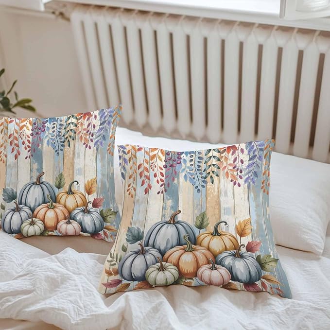 Orange Pumpkins Outdoor Waterproof Pillow Covers, Eucalyptus Leaves Wood Grain Country Rustic Decorative Square Throw Pillowcase Sofa Cushion Sham for Patio/Couch/Chair, 16"x16" 2 Pack