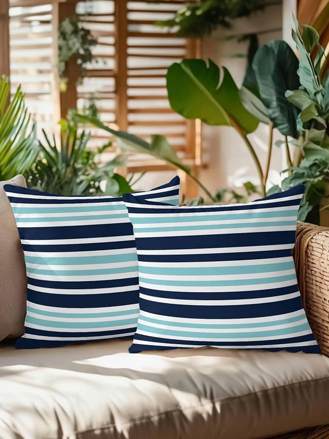 Outdoor Waterproof Throw Pillows Nautical Navy Blue Contrast Stripe Patio Pillows Pack of 2,Decorative Pillow Covers with Insert,Pillow Cushion Case for Garden Couch Sofa Modern Minimalist Line