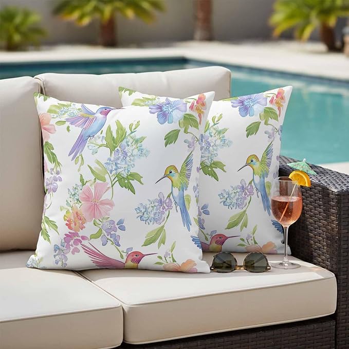 Spring Hummingbird Outdoor Waterproof Throw Pillow Covers Set of 2, 16"x16", Colorful Birds Floral Decorative Pillow Covers Outside Cushion Case for Patio Porch Garden
