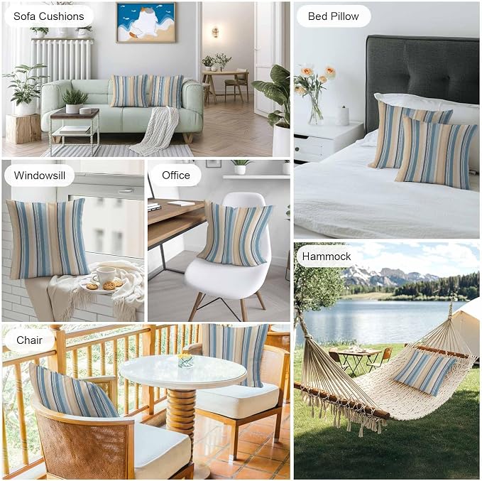 Blue Brown Beige Outdoor Pillow Covers 20x20 Inch Throw Pillow Covers Set of 2 Waterproof Decorative Pillow Cases Boho Farmhouse Abstract Stripes Art Cushion Covers for Patio Furniture Garden Couch