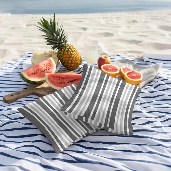 Grey Stripe Outdoor Pillow Covers 24x24 Inch Throw Pillow Covers Set of 2 Waterproof Decorative Pillow Cases Farmhouse Minimalist Striped Cushion Covers for Patio Furniture Garden Couch Sofa