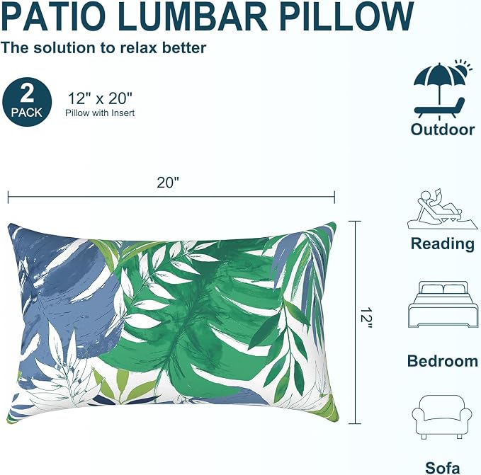 DYTXIII Pack of 2 Waterproof Outdoor Lumbar Pillow with Inserts, 12x20 in Rectangle Decorative Patio Throw Pillow for Home, Sofa,Bench and Patio Furniture, Islamorada Blue Green