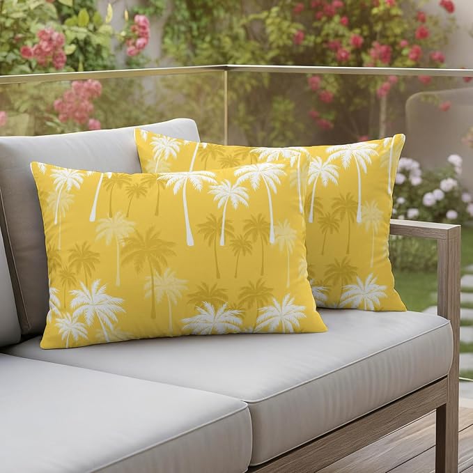 Lumbar Pillow Covers 20x12 Inch Set of 2, Tropical Palm Tree Waterproof Outdoor Pillow Covers, Yellow White Plants Coastal Leaf Beach Decorative Cushion Pillowcases for Couch, Sofa, Bed, Garden, Patio