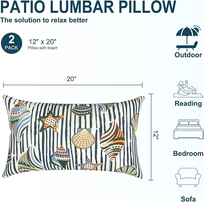 DYTXIII Pack of 2 Waterproof Outdoor Lumbar Pillow with Inserts, 12x20 in Rectangle Decorative Patio Throw Pillow for Home, Sofa,Bench and Patio Furniture, Crayon Shells
