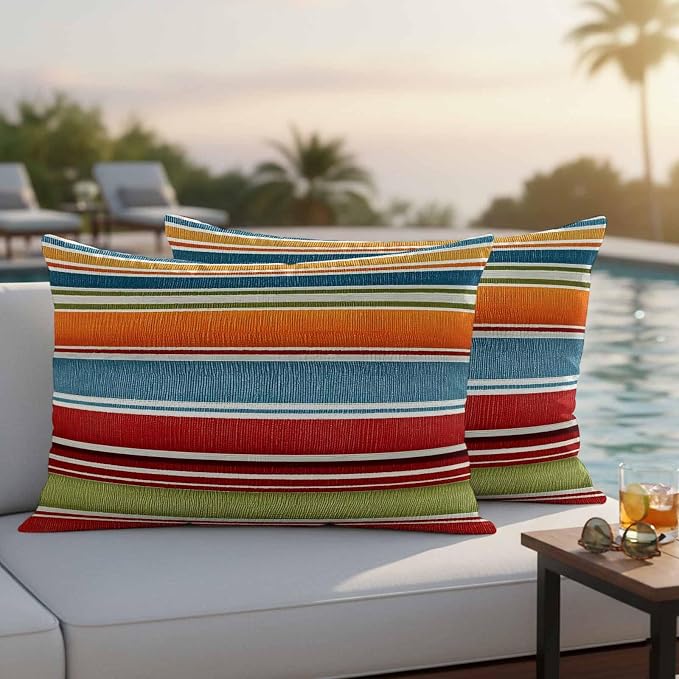 Yukro Color Striped Outdoor Waterproof Pillow Covers Pack of 2, Orange Blue Red Green Stripes Abstract Modern Throw Pillowcases Decorative Cushion Covers for Garden Patio Tent Sofa Couch, 20x12 inch