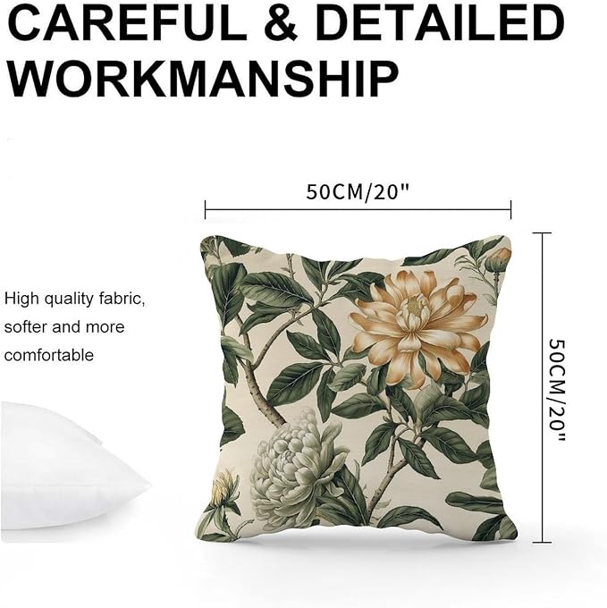 Green and White Chinoiserie Floral Pillow Cover Golden Lotus Flower Pillows 20x20 INAbstract Accent Modern Decorative Pillow Covers for Patio Couch Sofa