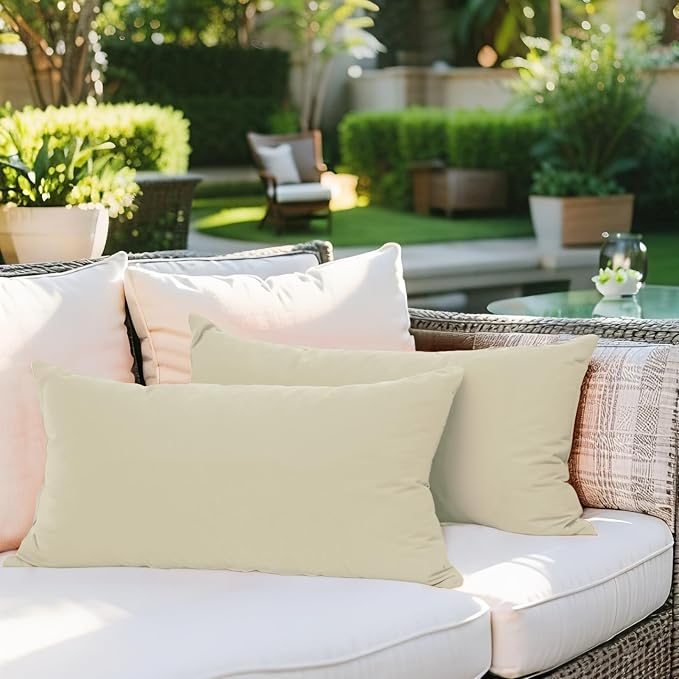 SK Studio Outdoor Water Resistant Throw Pillows, Decorative Patio Lumbar Cushions, Fluffy Furniture Garden Cushions for Home Patio Coach Sofa Use, Pack of 2, Ivory, 18x18 Inch