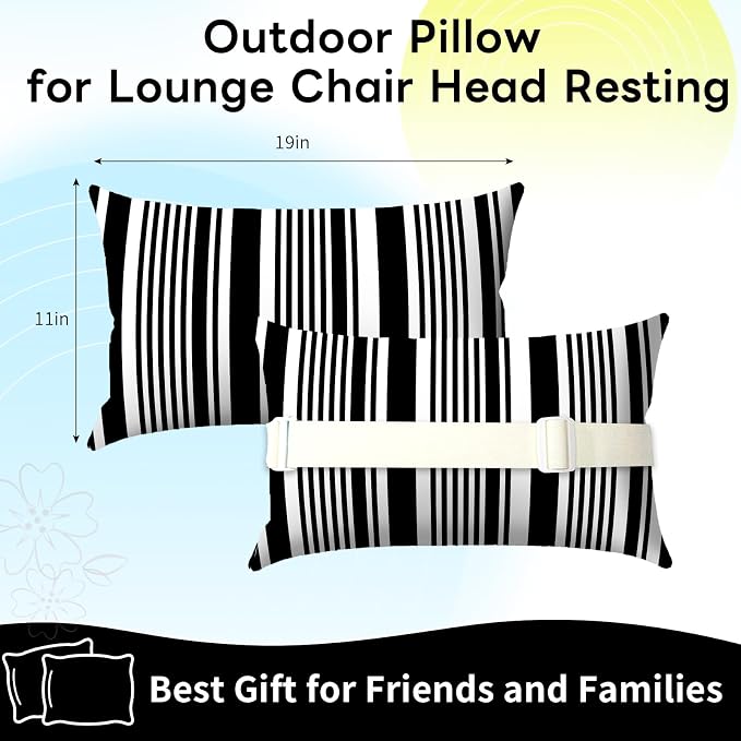 Outdoor Pillows for Lounge Chair Head Resting 2 Pack Waterproof | Headrest Lumbar Pillows with Adjustable Strap for Recliner Beach Pool Lounger Chair, Black White