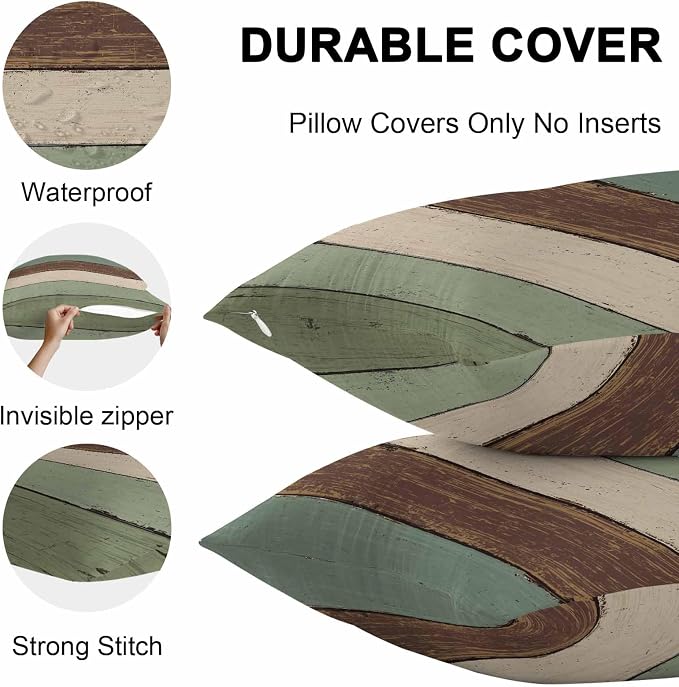 Vandarllin Outdoor Throw Pillow Covers 16X16 Set of 2 Waterproof Sage Green Brown Decorative Zippered Cushion Covers for Patio Furniture, Farmhouse Retro Rustic Barn Wood Texture Lumbar Pillowcases