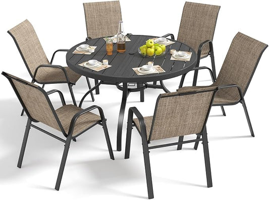 Outdoor Patio Dining Set for 6, 7 Pieces Patio Table and Chairs Set with Umbrella Hole, 47"x 47" Round Metal Wood-Grain Dining Table Set with 6 Stackable Patio Chairs for Deck , Backyard, Porch