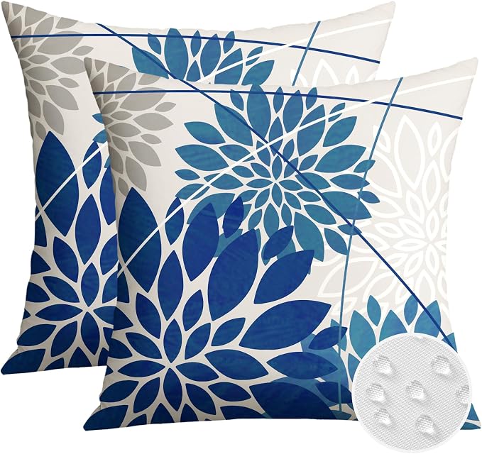 OTOSTAR Outdoor Blue Pillow Covers 20x20 Inch Set of 2 Beige White Flower Throw Pillows Farmhouse Geometric Dahlia Floral Square Cushion Case Waterproof Decor for Sofa Patio Funiture Garden