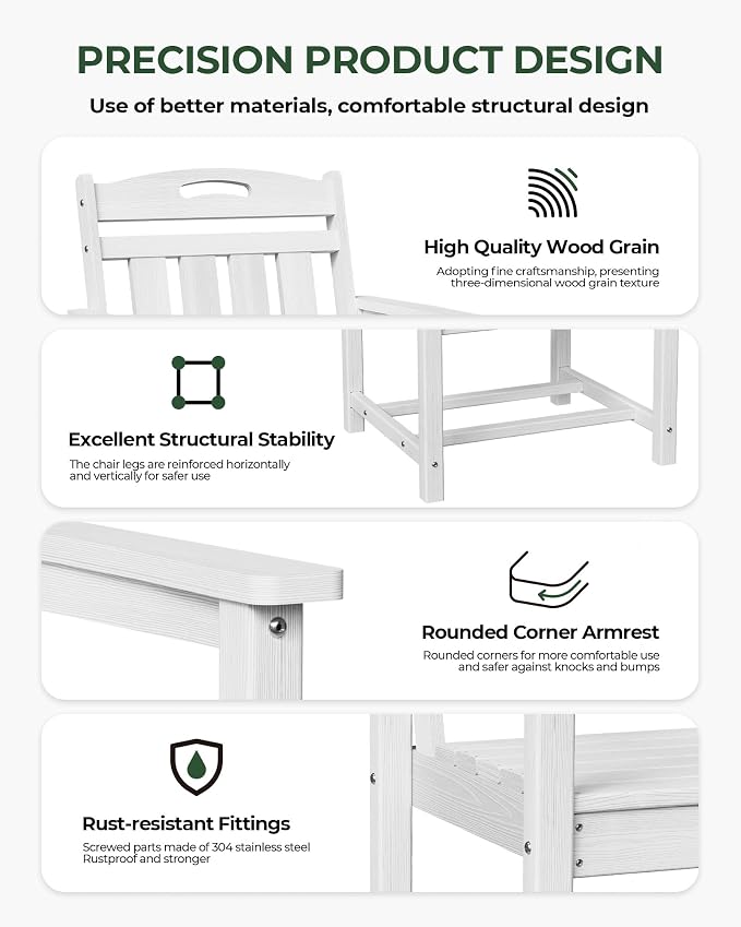 Patio Chairs Set of 2, HDPE Outdoor Dining Chairs with Wide Seat, All Weather Oversized Porch Chair for Garden, Backyard, Deck - White
