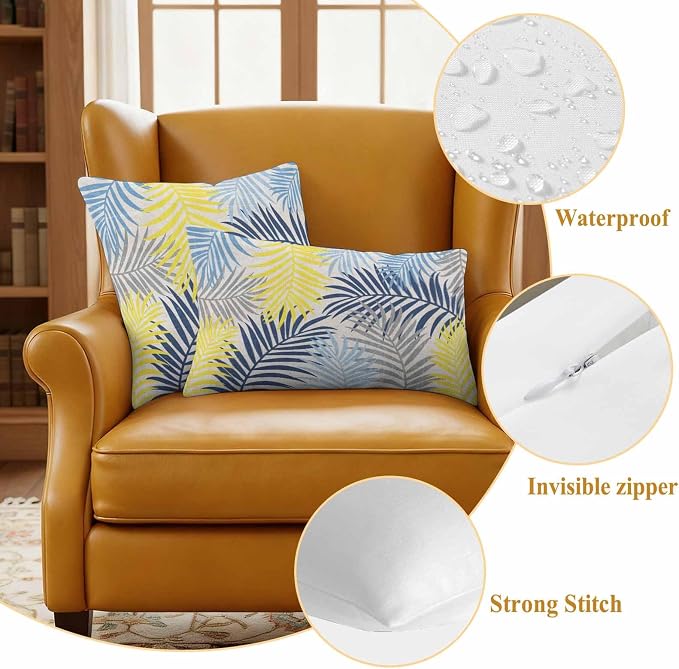 Yellow Blue Palm Leaves Outdoor Pillow Covers 18"x18" Set of 2, Summer Botanical Vintage Tropical Leaf Rustic Waterproof Throw Pillow Covers for Patio Furniture, Decorative Cushion Covers for Porch
