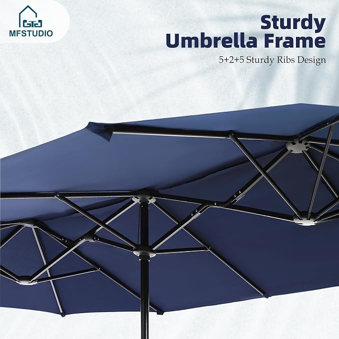 MFSTUDIO Outdoor Dining Set for 6, Patio Furniture Set with Navy Umbrella (Base not Included), Outdoor Rectangle Table and Navy Swivel Chairs Set for Patio, Deck, Backyard, Garden
