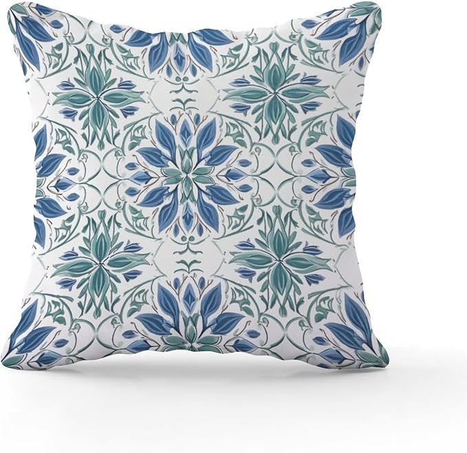 Mughal Flower Throw Pillow Covers Blue Lotus Floral Cushion Cover 16x16 INRetro Accent Farmhouse Decor Pillow for Patio Tent Couch