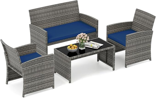 HAPPYGRILL 4 Piece Rattan Wicker Patio Conversation Set, Outdoor Furniture with Chair Loveseat Table & Cushion, for Backyard Porch Balcony (1, Navy)