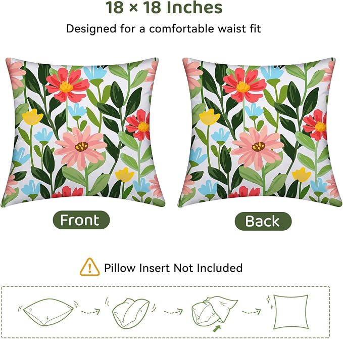 Lewondr Summer Floral Waterproof Outdoor Pillow Covers, 2 Pack, 18"×18" | Spring Summer Floral Waterproof Throw Pillow Covers for Patio Furniture Garden Square Outdoor Decorative Pillow Covers
